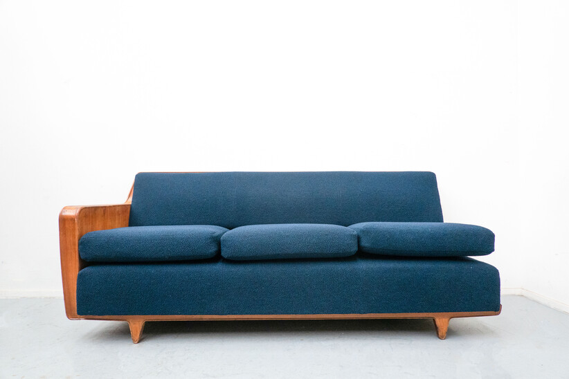 Mid-Century Modern Blue Sofa attributed to Melchiorre Bega, Cherry Wood, Italy, 1950s