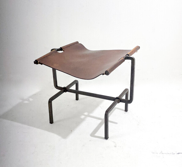 Mid-Century Modern Brutalist Stool, Leather and Metal, Italy, 1960s