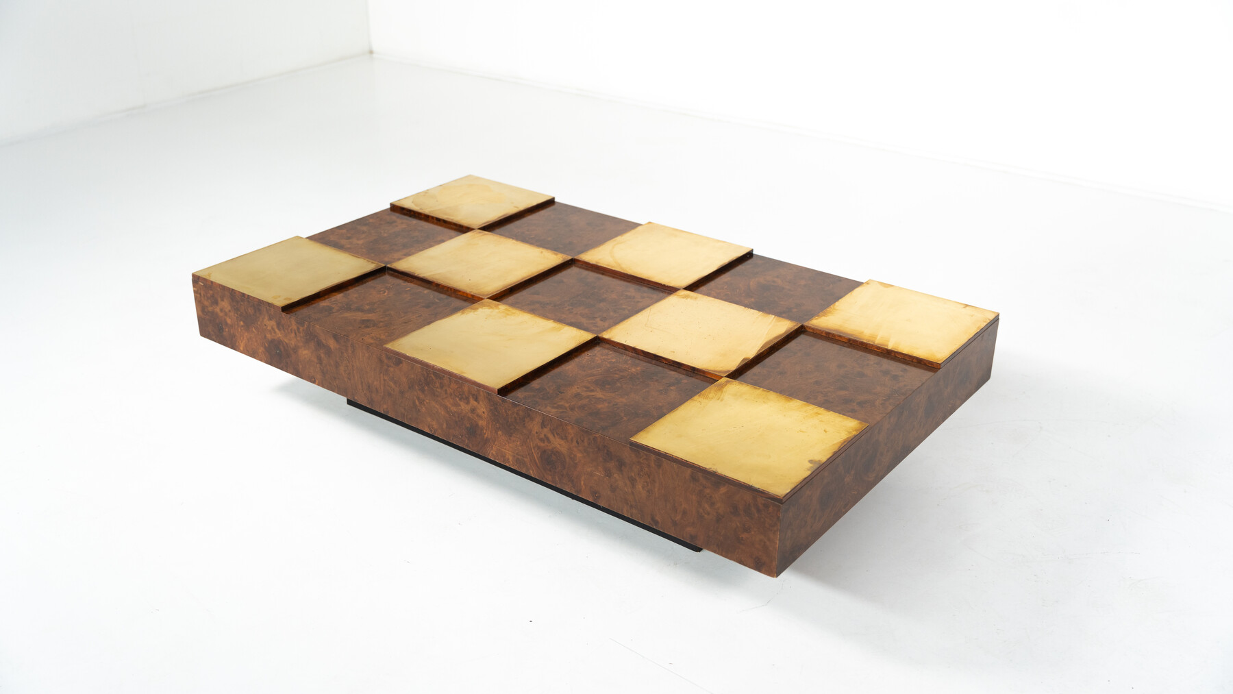 Mid-Century Modern Coffee Table, Brass and Burl Wood, Italy, 1970s