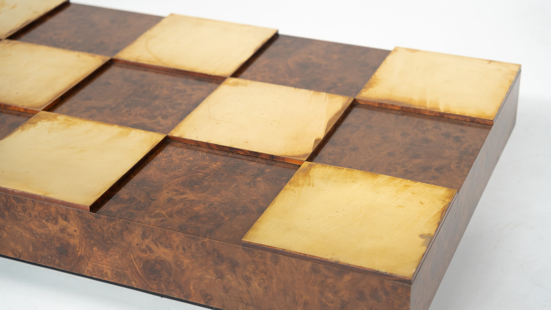 Mid-Century Modern Coffee Table, Brass and Burl Wood, Italy, 1970s