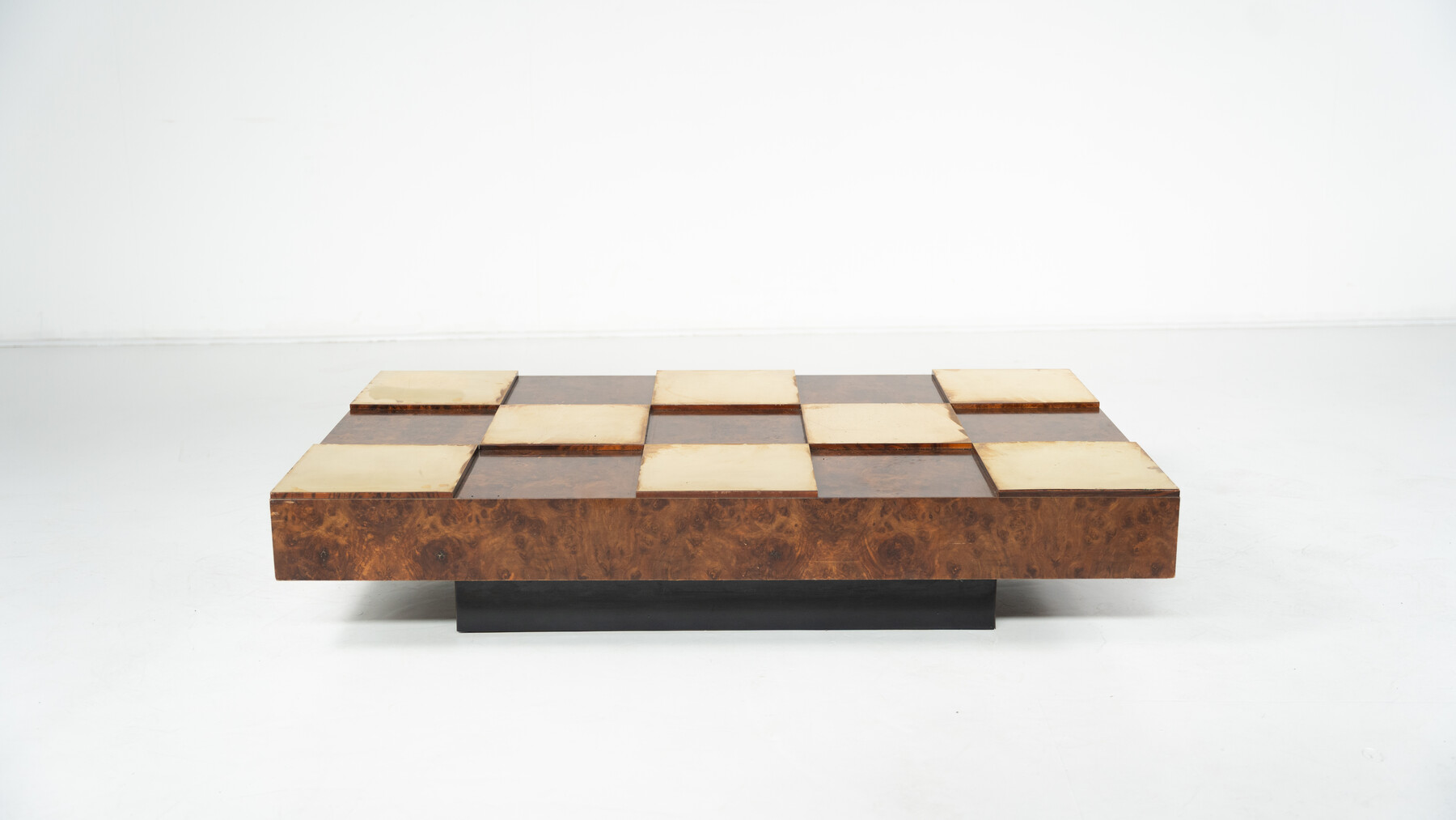 Mid-Century Modern Coffee Table, Brass and Burl Wood, Italy, 1970s