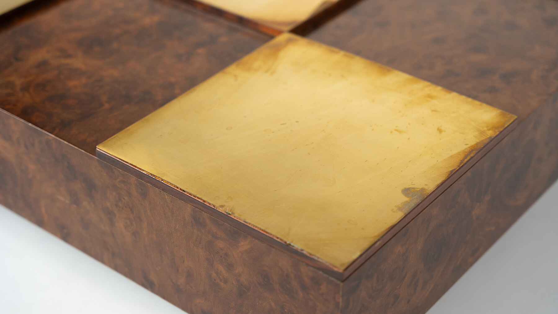 Mid-Century Modern Coffee Table, Brass and Burl Wood, Italy, 1970s