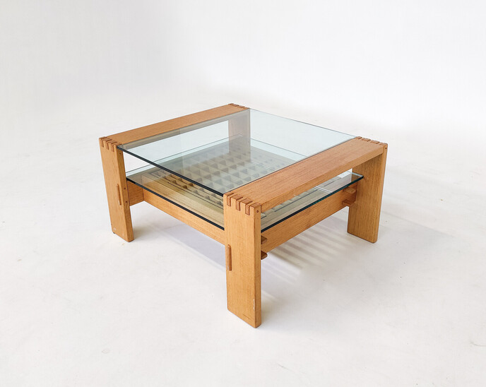 Mid-Century Modern Coffee Table by Guiseppe Rivadossi, Wood and Glass, Italy, 1970s