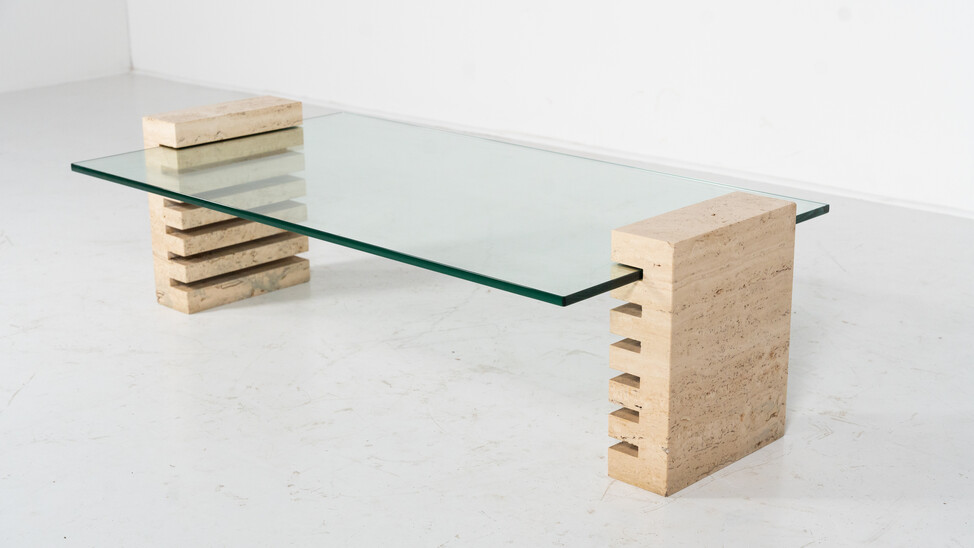 Mid-Century Modern Coffee Table, Glass and Travertine, Italy, 1970S