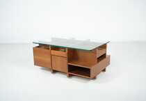 Mid-Century Modern Coffee Table with Compartments, Wood and Glass, Italy, 1970s