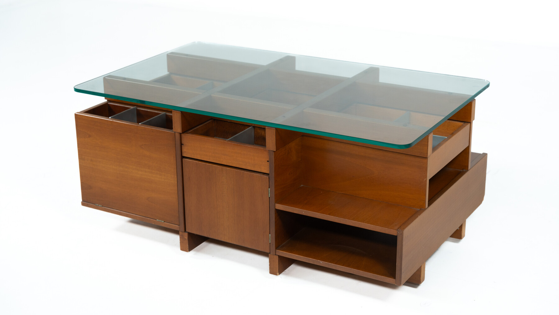 Mid-Century Modern  Coffee Table with Compartments, Wood and Glass, Italy, 1970s