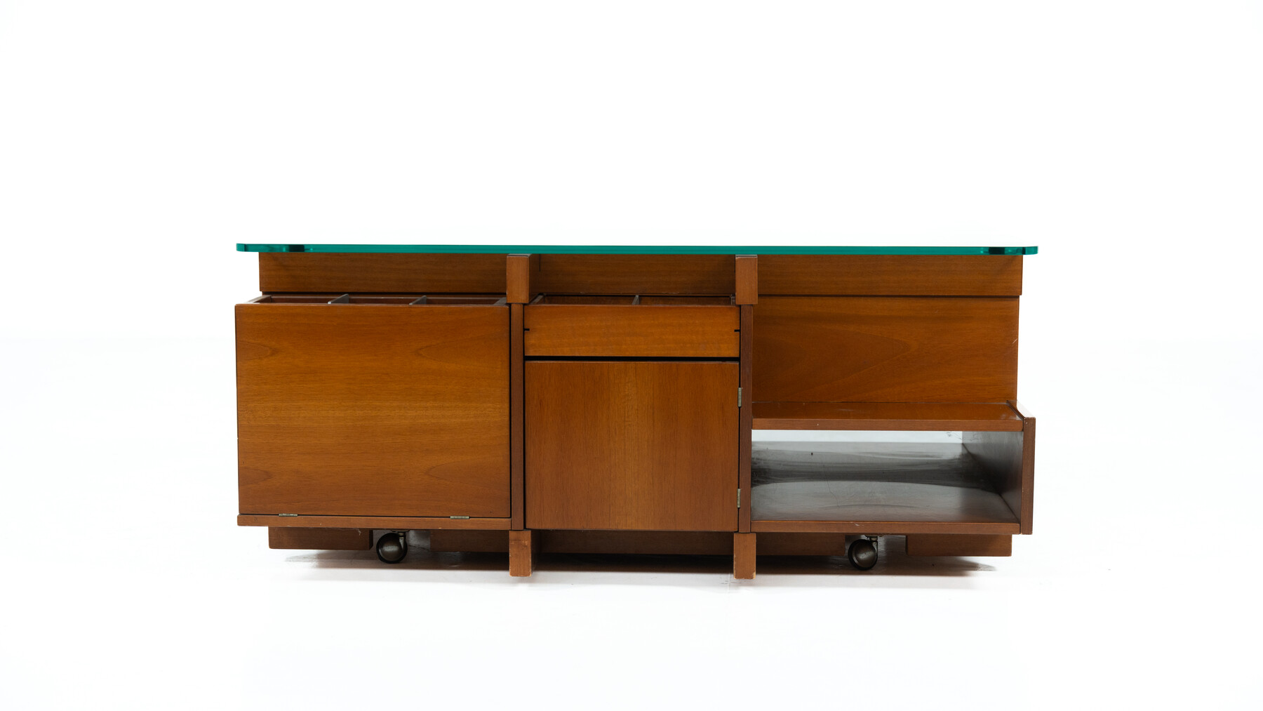 Mid-Century Modern  Coffee Table with Compartments, Wood and Glass, Italy, 1970s