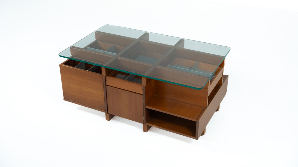 Mid-Century Modern  Coffee Table with Compartments, Wood and Glass, Italy, 1970s
