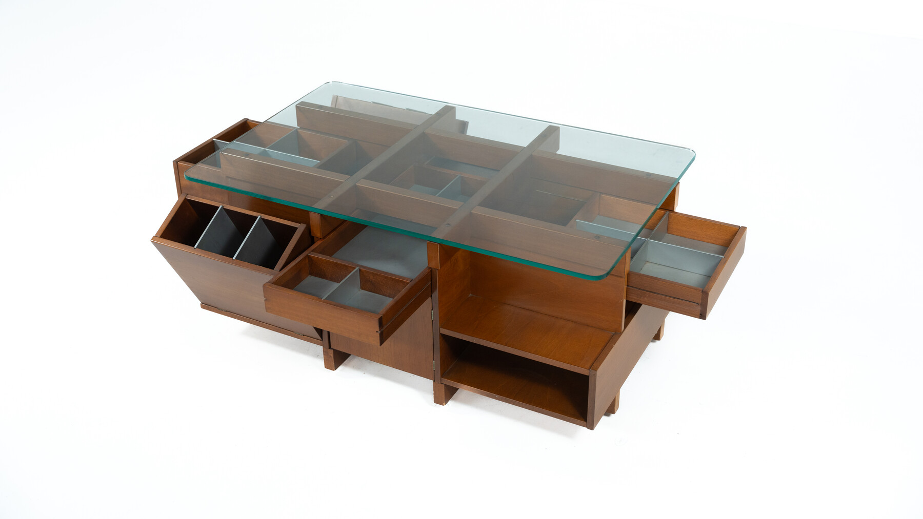 Mid-Century Modern  Coffee Table with Compartments, Wood and Glass, Italy, 1970s