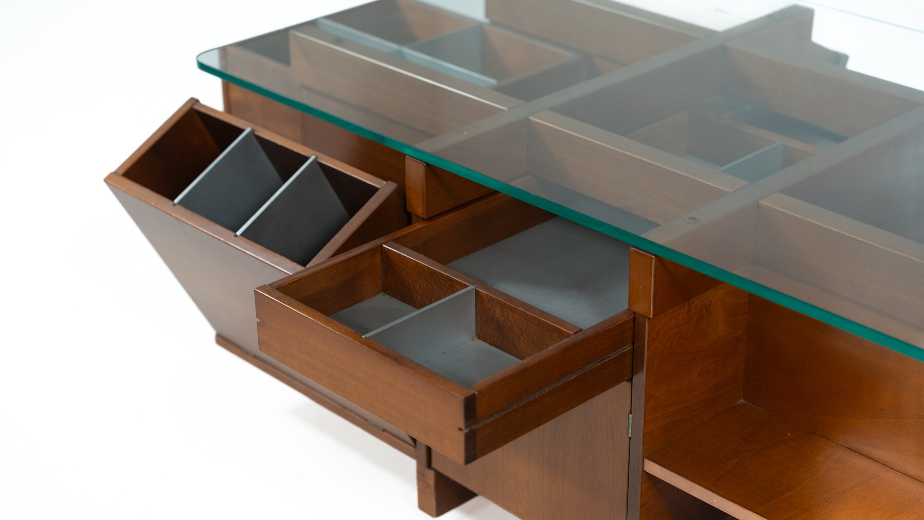 Mid-Century Modern  Coffee Table with Compartments, Wood and Glass, Italy, 1970s