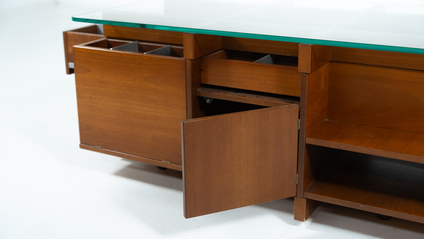 Mid-Century Modern  Coffee Table with Compartments, Wood and Glass, Italy, 1970s
