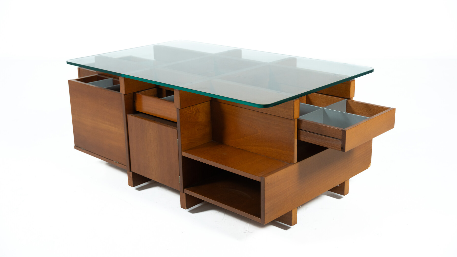 Mid-Century Modern  Coffee Table with Compartments, Wood and Glass, Italy, 1970s