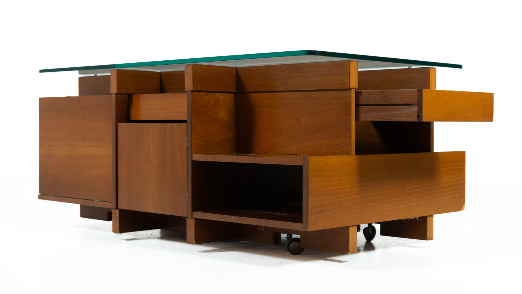 Mid-Century Modern  Coffee Table with Compartments, Wood and Glass, Italy, 1970s