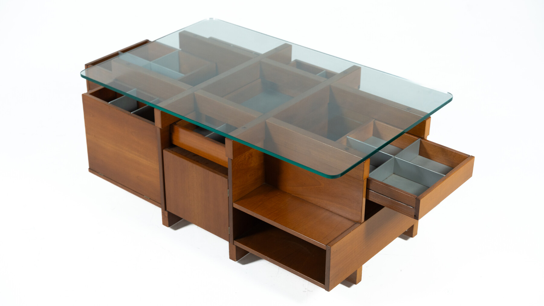 Mid-Century Modern  Coffee Table with Compartments, Wood and Glass, Italy, 1970s
