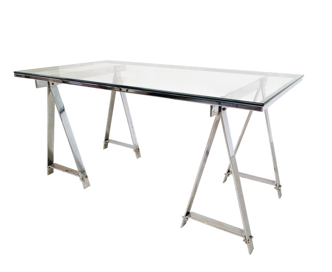 Mid-Century Modern Dining Table/Desk, Chrome and Glass, Italy, 1970s