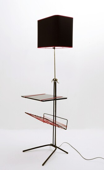 Mid-Century Modern Floor Lamp with Black Glass Table/Magazine Rack