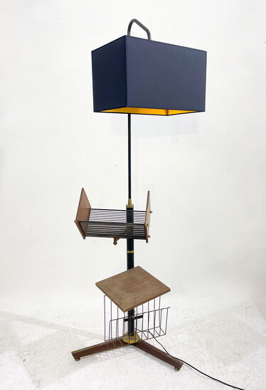 Mid-Century Modern Floor Lamp with Magasine Rack and Side Table, 1960s - New Lampshade
