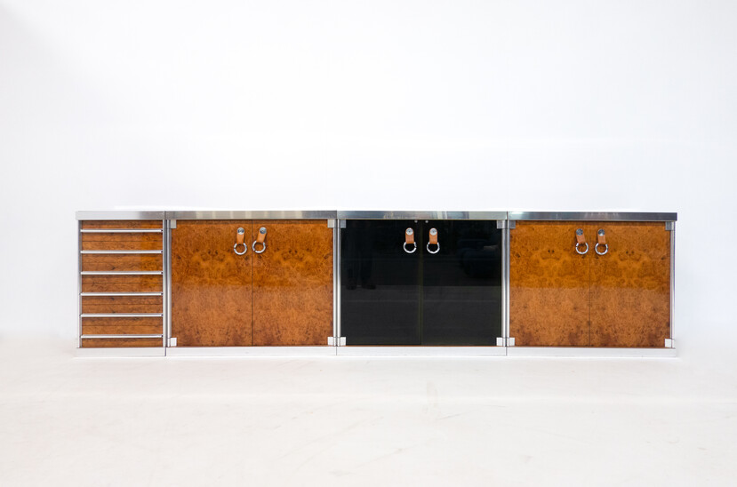 Mid-Century Modern Four Part Sideboard by Guido Faleschini for Hermès, Wood Metal and Leather, 1970s