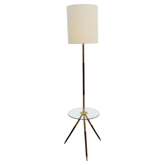 Mid-Century Modern French Floorlamp, Wood & Brass