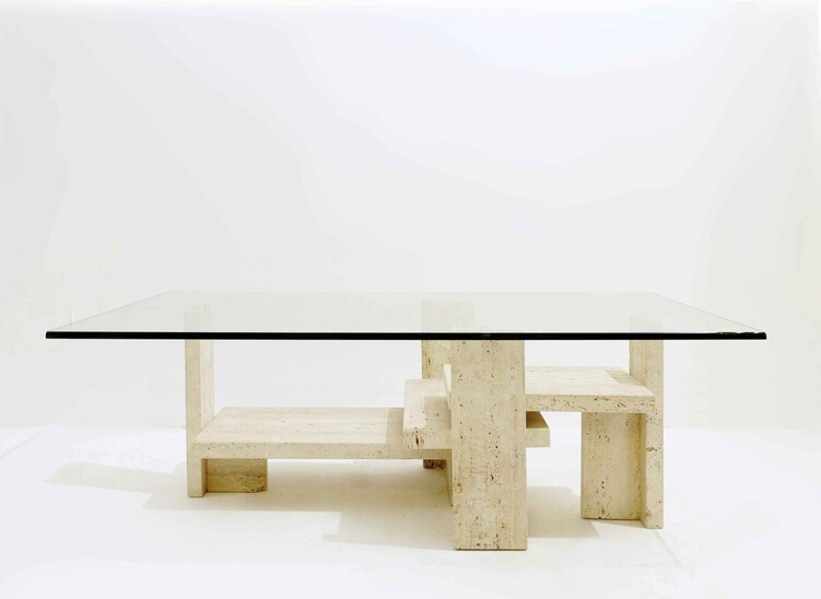 Mid-Century Modern Glass and Travertine coffee Table, Willy Ballez, 1970s