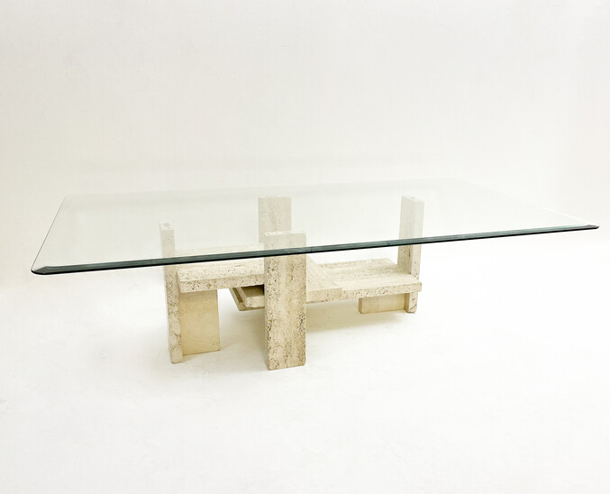 Mid-Century Modern Glass and Travertine Coffee Table, Willy Ballez, 1970s