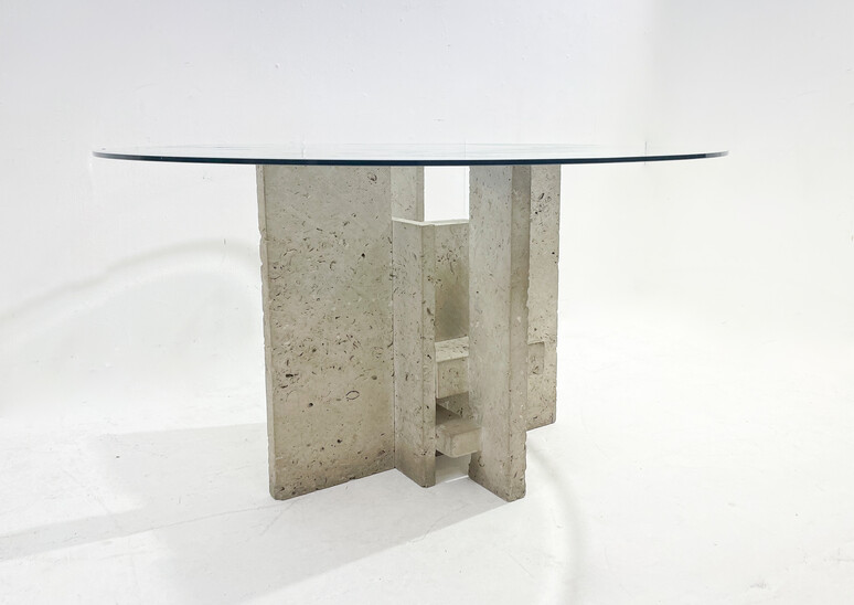 Mid-Century Modern Glass and Travertine Dining Table, Willy Ballez, 1970s