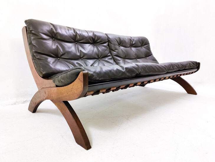 Mid-Century Modern Italian Black Leather and Wood Sofa, 1960s