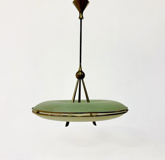 Mid-Century Modern Italian Chandelier, Brass and Glass, 1950s