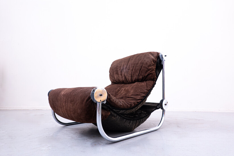 Mid-Century Modern Italian Chrome and Suede Lounge Chair, Brown, 1960s