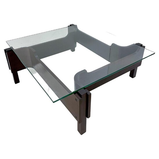 Mid-Century Modern Italian Coffee Table Levogiro by Paolo Portoghesi, Wood and Glass, 1960s