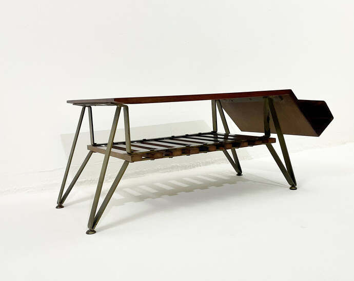 Mid-Century Modern Italian Coffee Table with Magazine Rack, Wood and Metal, 1960s