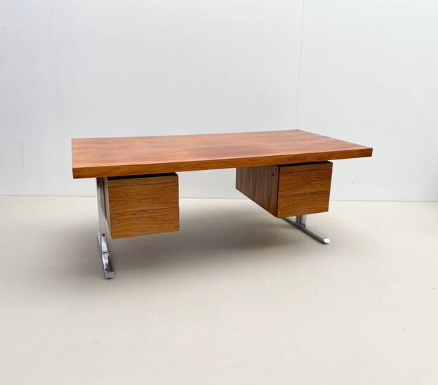 Mid-Century Modern Italian Desk, Wood and Chrome, 1970s