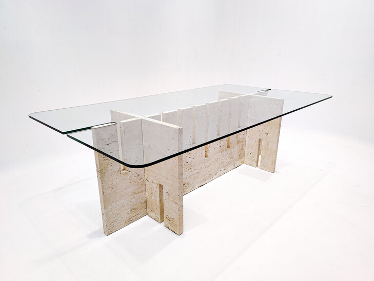 Mid-Century Modern Italian Dining Table, Travertine and Glass, 1970s