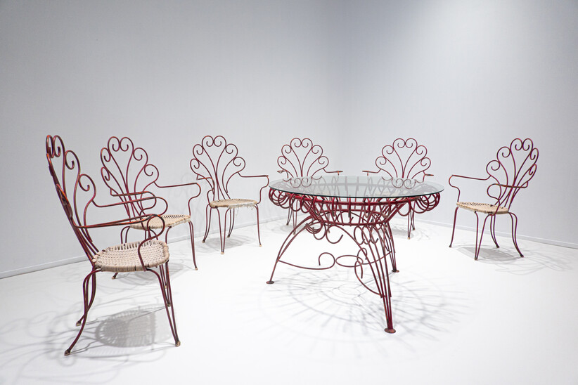 Mid-Century Modern Italian Garden Set, Red Iron,One Table and 6 Chairs, 1950s