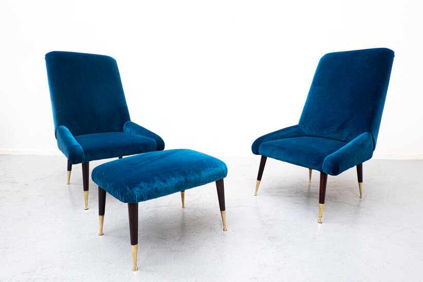  Mid-Century Modern Italian Seating Set, Blue Velvet, 1950s