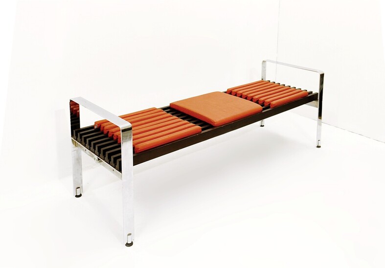 Mid-Century Modern Italian Slatted Bench, Leather Wood and Metal, 1960s