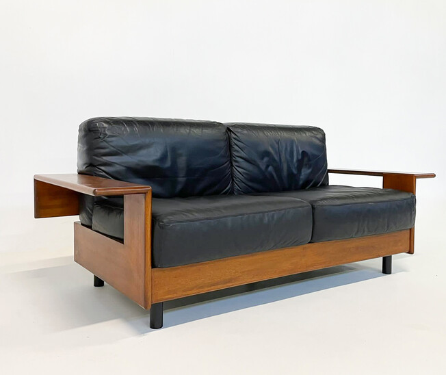 Mid-Century Modern Italian Sofa, Black Leather and Wood, 1960s - Two Available
