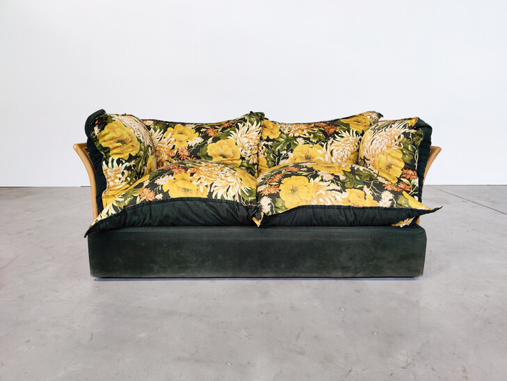 Mid-Century Modern Italian Sofa, Rattan and Original Fabric, 1970s