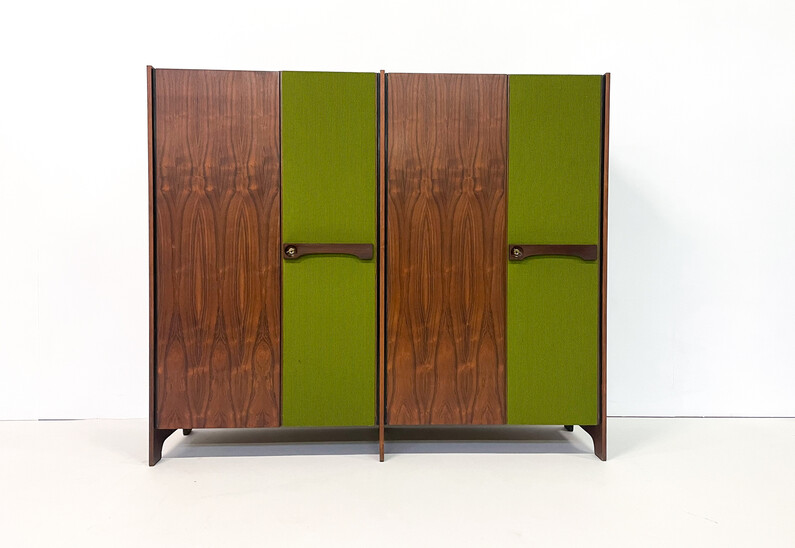 Mid-Century Modern Italian Wooden Wardrobe,  Wood and Green Fabric, 1960s