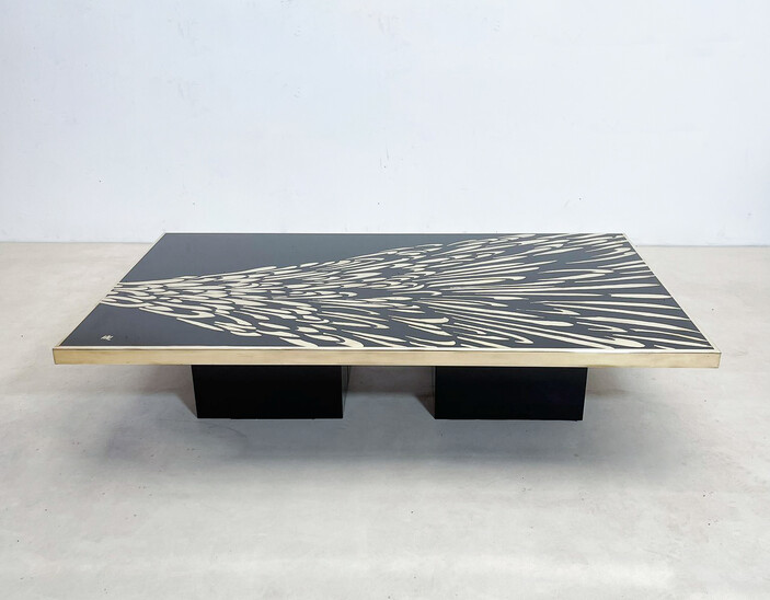 Mid-Century Modern Large Belgian Coffee Table signed VAL, Brass and Black Laquered Metal