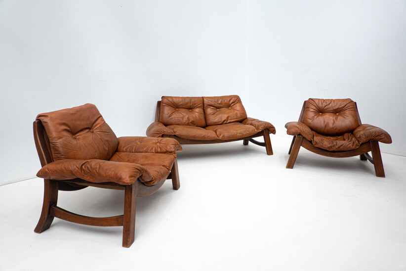Mid-Century Modern Living Room Set, Original Cognac Leather,Brazilian Style, 1960s