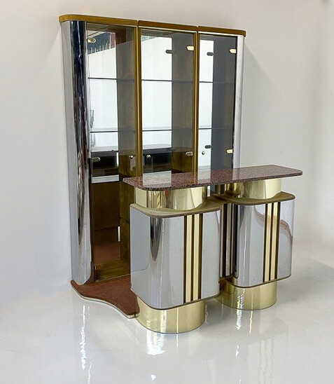 Mid-Century Modern Mirror Suede and Metal Bar with Red Marble Top, Italy, 1970s