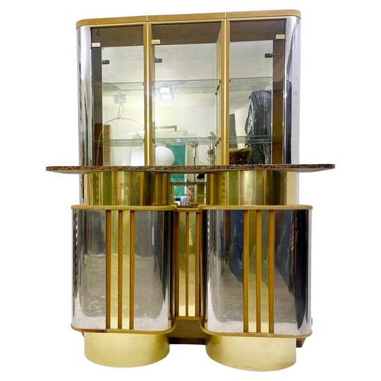Mid-Century Modern Mirror Suede and Metal bar with Red Marble Top, Italy, 1970s