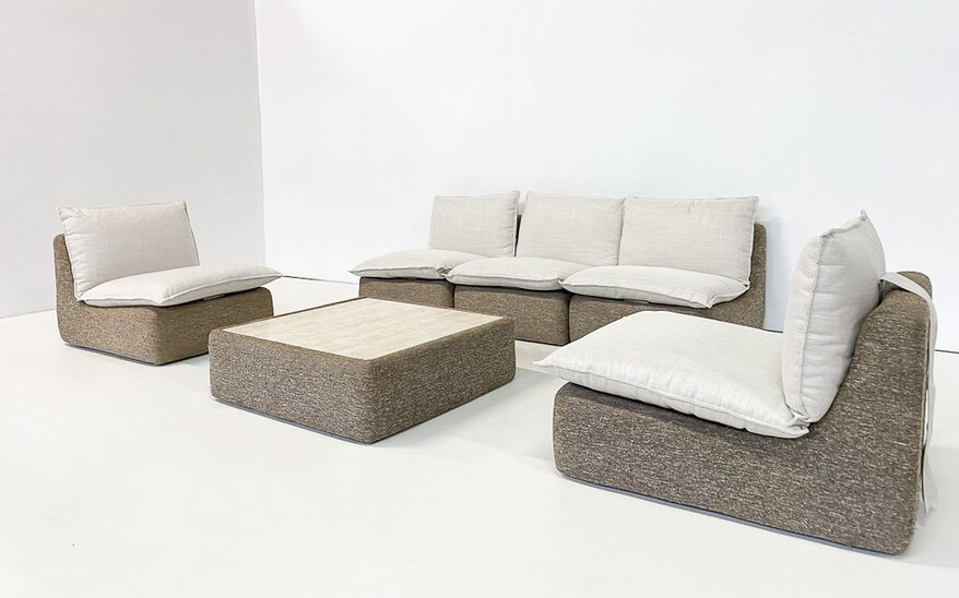 Mid-Century Modern Modular Seating Set with Travertine Coffee Table, Italy, 1960s - New Upholstery