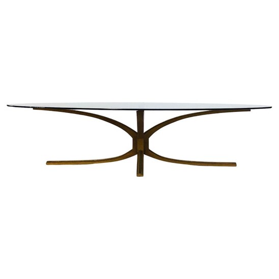 Mid-Century Modern Oval Coffee table, Glass and Bronze Attributed to Michel Mangematin, France, 1960s