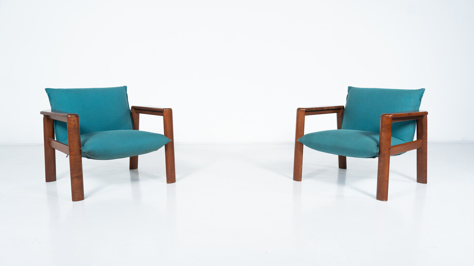 Mid-Century Modern Pair of Armchairs, Blue Fabric and Wood, Italy, 1960s