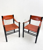 Mid-Century Modern Pair of Armchairs by Ibisco Sedie, Leather and Wood, Italy, 1960s - 2 Pairs available 