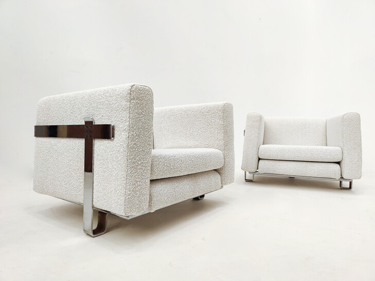 Mid-Century Modern Pair of Armchairs by Luigi Caccia Dominioni for Azucena, Chrome and Boucle Fabric, 1960s