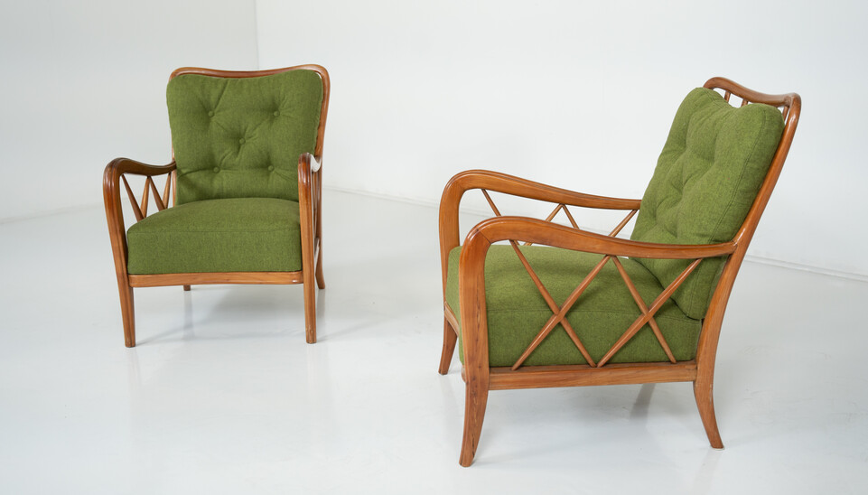 Mid-Century Modern Pair of Armchairs by Paolo Buffa, Green Upholstery, Italy, 1950s