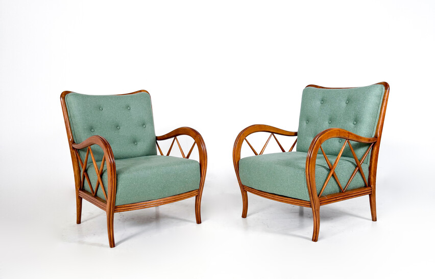 Mid-Century Modern Pair of Armchairs by Paolo Buffa, New Upholstery, Italy, 1950s